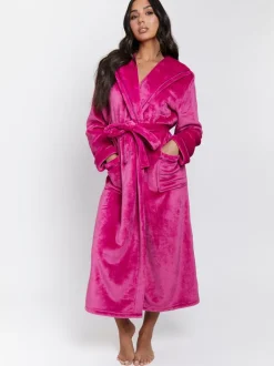 Badjassen*Loungeable Roze - Christmas Ribbon Trim Luxury Fleece Hooded Maxi Robe