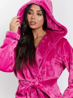 Badjassen*Loungeable Roze - Christmas Ribbon Trim Luxury Fleece Hooded Maxi Robe