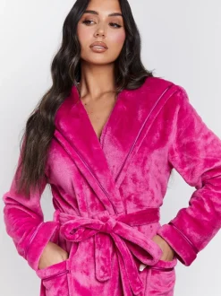 Badjassen*Loungeable Roze - Christmas Ribbon Trim Luxury Fleece Hooded Maxi Robe