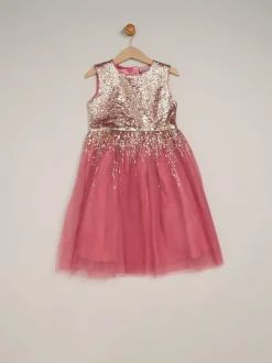 Gelegenheidskleding*Miss - Waterfall Sequin Dress and Faux Fur Bolero Set Roze