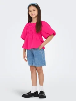 Overhemden En Blouses|ONLY KIDS - Textured Short Sleeve Puff Sleeve Blouse Roze