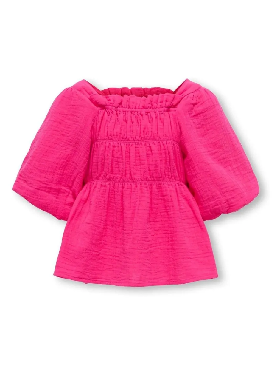 Overhemden En Blouses|ONLY KIDS - Textured Short Sleeve Puff Sleeve Blouse Roze