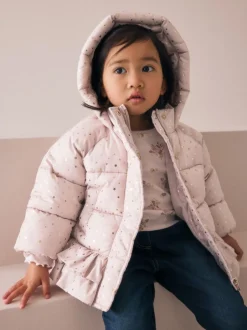 Jassen, Jacks En Kinderwagenpakjes|Jassen En Jacks|Next - Regenbestendige gewatteerde jas met rucheszoom (3mnd -7jr) Roze