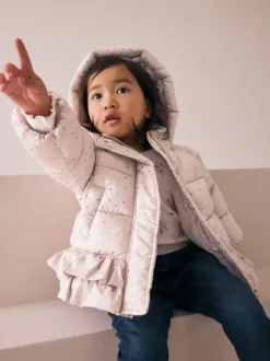 Jassen, Jacks En Kinderwagenpakjes|Jassen En Jacks|Next - Regenbestendige gewatteerde jas met rucheszoom (3mnd -7jr) Roze