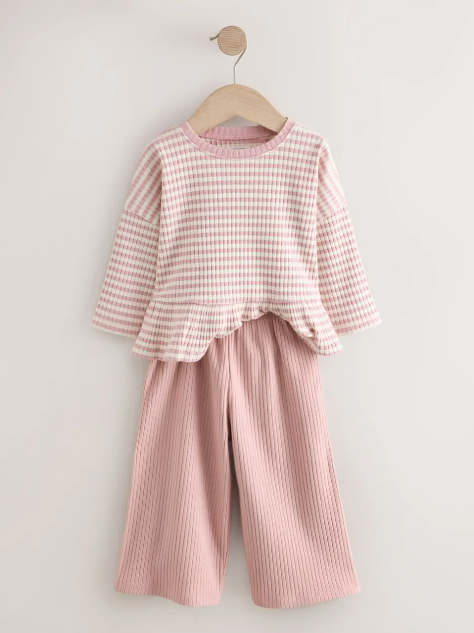Tops|Tops|Next Roze - Set met geribbelde top met lange mouwen en broek met wijde pijpen (3mnd-7jr)