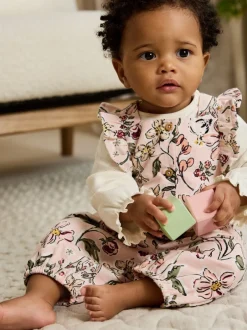 Tuinbroeken*Next - Baby Print Bodysuit met Lange mouwen en Corduroy bretelbroeken Set 2 Pieces (0mnd -2jr) Roze bloemen