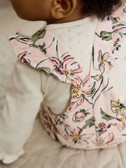 Tuinbroeken*Next - Baby Print Bodysuit met Lange mouwen en Corduroy bretelbroeken Set 2 Pieces (0mnd -2jr) Roze bloemen