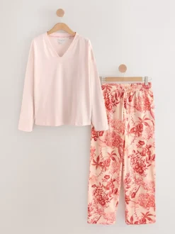 Pyjama's|Loungewear|Next Roze bloemen - Kew Collection pyjama's met lange mouwen