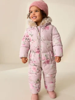 Jassen, Jacks En Kinderwagenpakjes|Jassen En Jacks|Next - Regenbestendig sneeuwpak met imitatiebont (3mnd-7jr) Roze bloemen