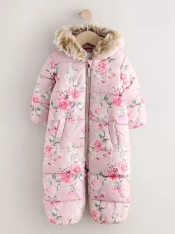 Jassen, Jacks En Kinderwagenpakjes|Jassen En Jacks|Next - Regenbestendig sneeuwpak met imitatiebont (3mnd-7jr) Roze bloemen