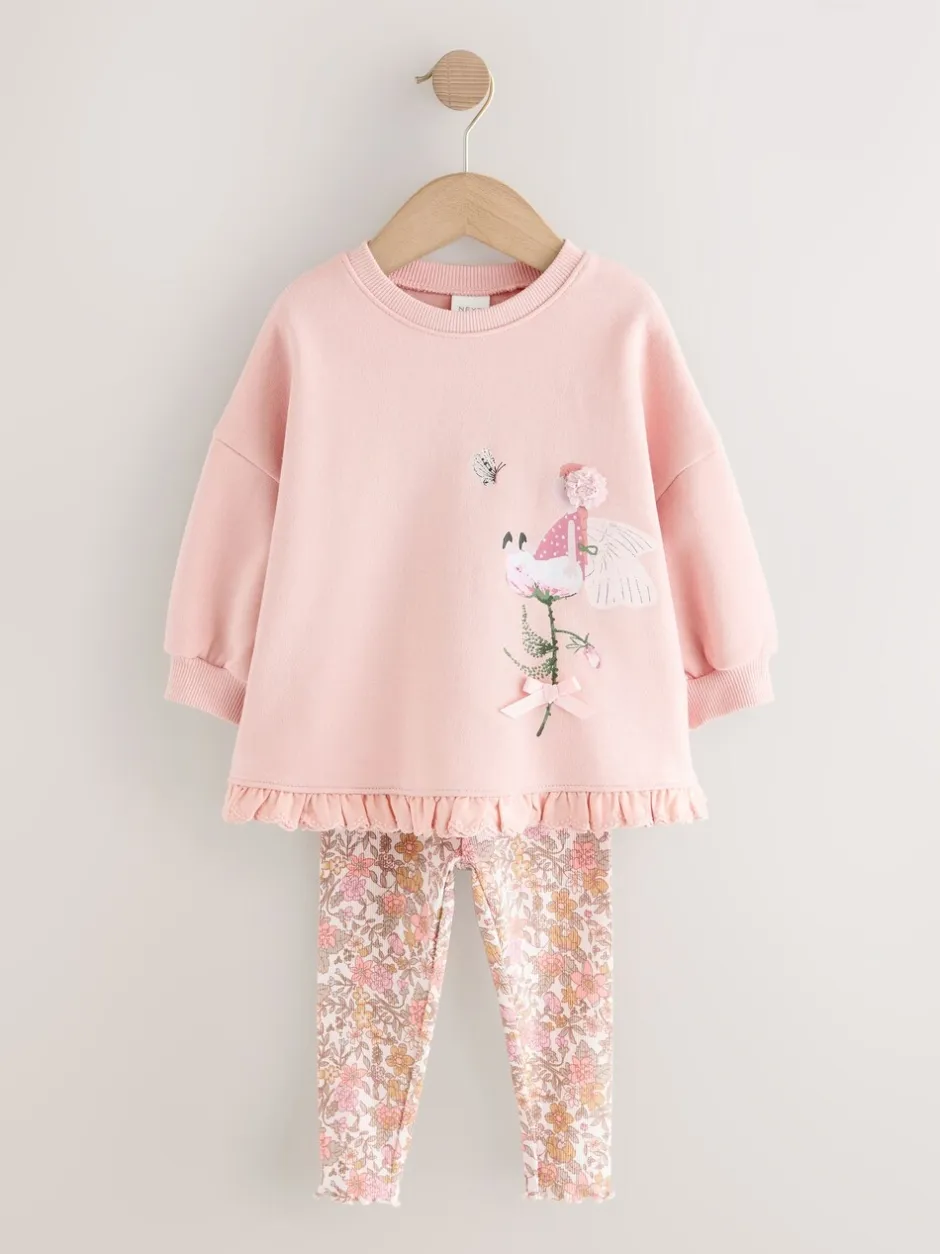 Sets En Combisets|Truien En Breisels*Next - Set met sweatshirt en legging met ruches aan de zoom (3mnd-7jr) Roze bloemenfee