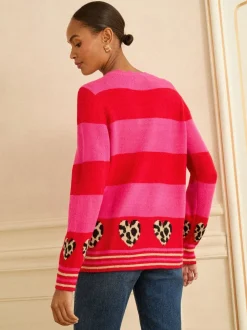 Gebreide Kleding|Love & Roses - Animal Hart Trui Roze en rood gestreept