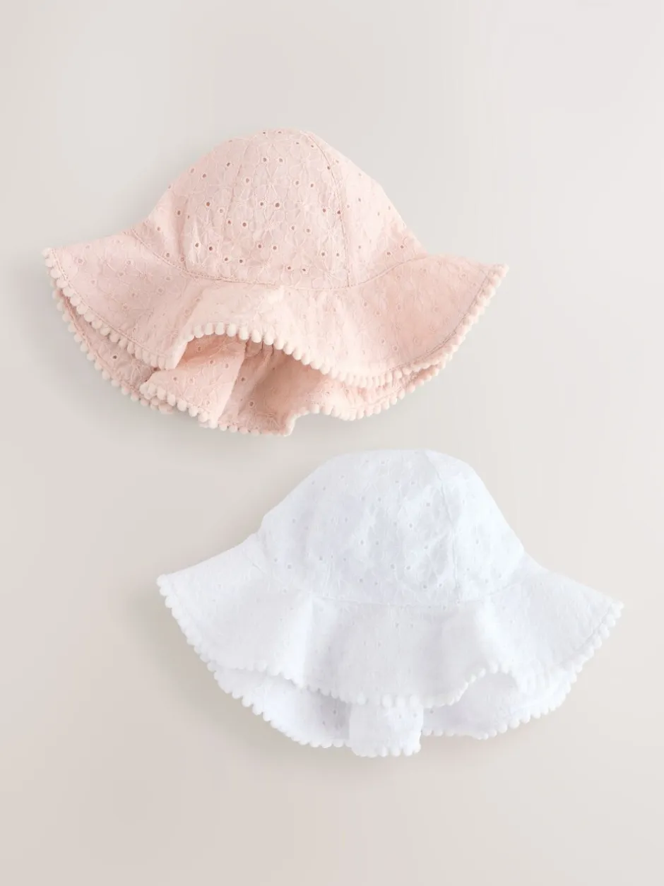 Mutsjes En Antikrabwantjes|Mutsen, Handschoenen En Sjaals|Next Roze en wit - Broderie 2pk Baby Bucket Hoed (0mnd-2jr)