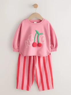 Sets En Combisets|Truien En Breisels*Next - Set met top met lange mouwen en broek met wijde pijpen (3mnd-7jr) Roze gewatteerde kers