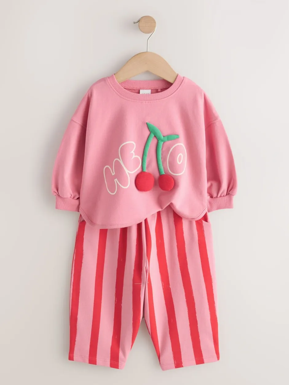Sets En Combisets|Truien En Breisels*Next - Set met top met lange mouwen en broek met wijde pijpen (3mnd-7jr) Roze gewatteerde kers