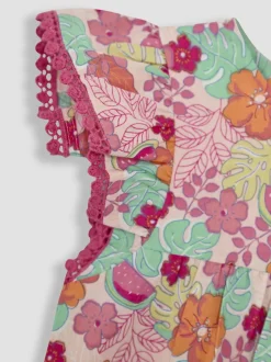 Jumpsuits En Playsuits*Jojo Maman Bébé - Speelpakje van 100% katoen met ruchemouwen Roze jungle bloemenprint