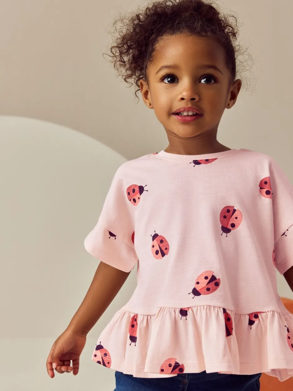 Tops|T-Shirts|Next Roze lieveheersbeestje - T-shirt met peplum en korte mouwen (3mnd -7jr)