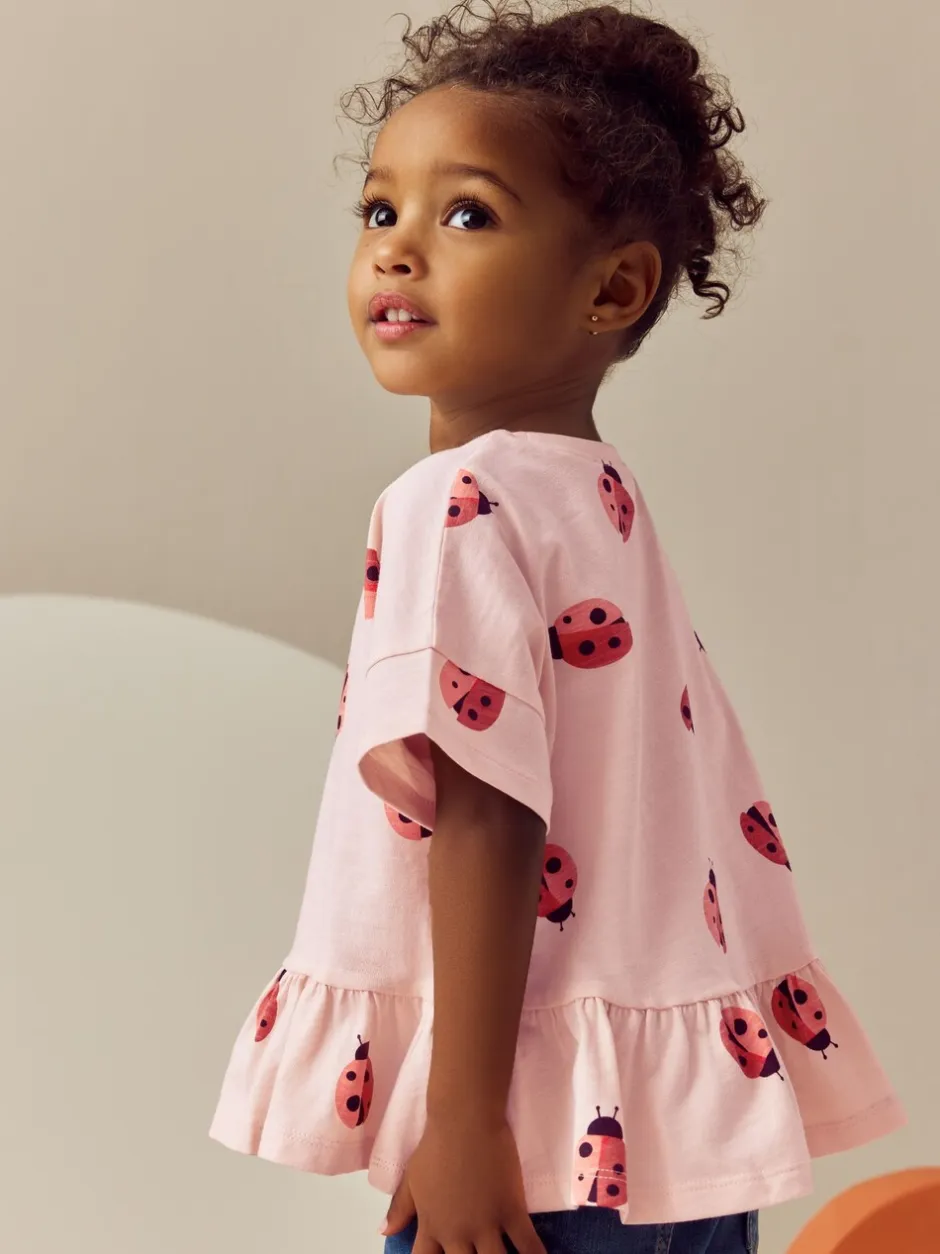 Tops|T-Shirts|Next Roze lieveheersbeestje - T-shirt met peplum en korte mouwen (3mnd -7jr)