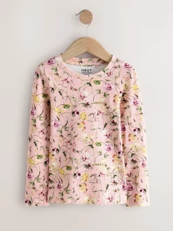 Tops|T-Shirts*Next Roze met bloemenprint - Set van 4 geribbelde T-shirts met lange mouwen (3-16jr)