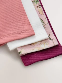 Tops|T-Shirts*Next Roze met bloemenprint - Set van 4 geribbelde T-shirts met lange mouwen (3-16jr)
