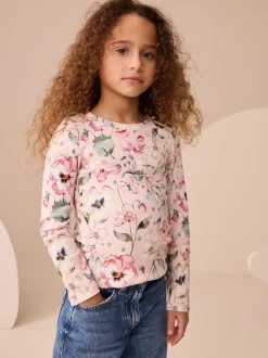 Tops|T-Shirts*Next Roze met bloemenprint - Set van 4 geribbelde T-shirts met lange mouwen (3-16jr)