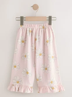 Broeken En Leggings*Next Roze met bloemenprint - Wide Leg Frill Trousers (3mths-7yrs)