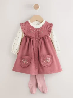 Jurken|Jurken*Next Roze met borduursel - Set van corduroy pinafore, bodysuit met lange mouwen en maillot voor baby's (0mnd-2jr)
