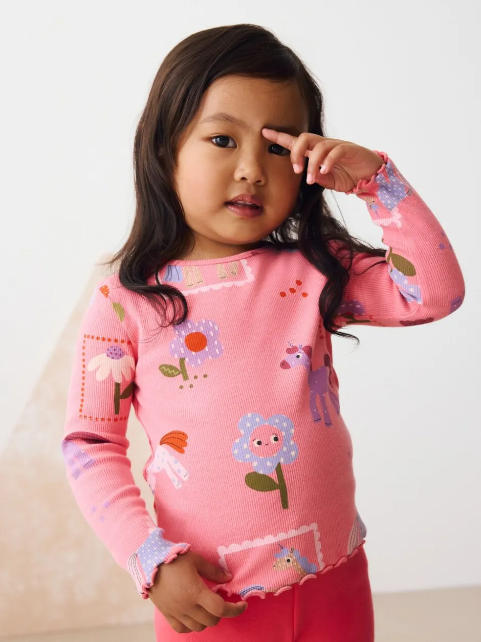 Tops*Next Roze met eenhoornprint - Geribbeld T-shirt met lange mouwen (3mnd-7jr)