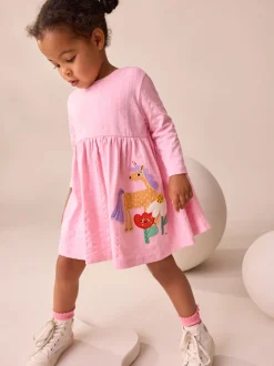 Jurken|Jurken|Next Roze met eenhoornprint - Jurk met lange mouwen en versiering (3mnd -7jr)