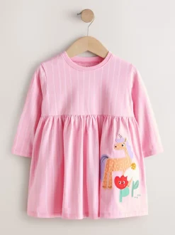 Jurken|Jurken|Next Roze met eenhoornprint - Jurk met lange mouwen en versiering (3mnd -7jr)