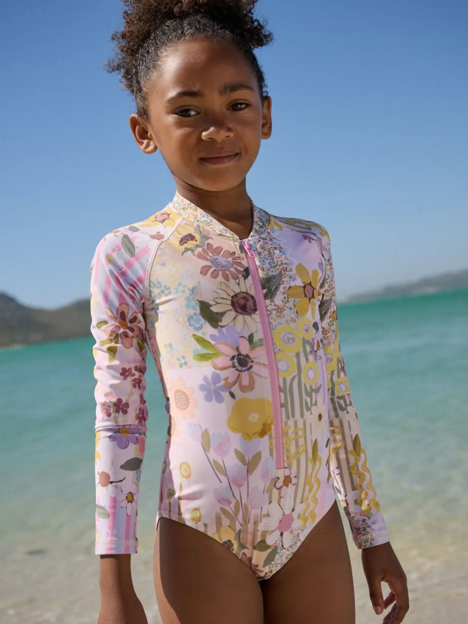 Badkleding*Next Roze met gebloemde lapjesprint - Long Sleeve Sunsafe Swimsuit (3mths-16yrs)