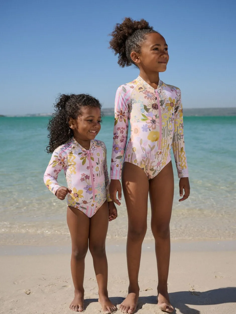 Badkleding*Next Roze met gebloemde lapjesprint - Long Sleeve Sunsafe Swimsuit (3mths-16yrs)
