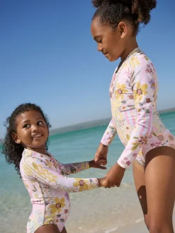 Badkleding*Next Roze met gebloemde lapjesprint - Long Sleeve Sunsafe Swimsuit (3mths-16yrs)