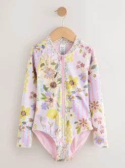 Badkleding*Next Roze met gebloemde lapjesprint - Long Sleeve Sunsafe Swimsuit (3mths-16yrs)
