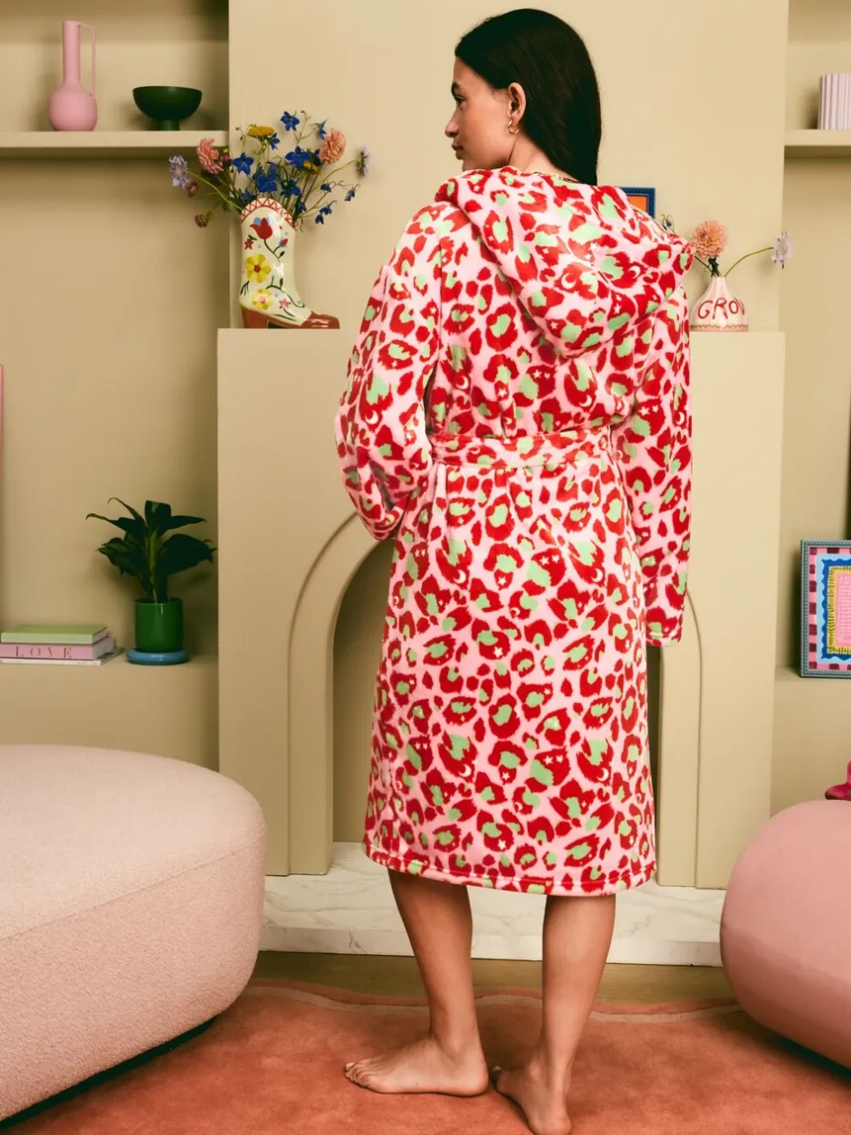Badjassen|Eleanor Bowmer - Leopard Print Fleece Robe Roze met groen