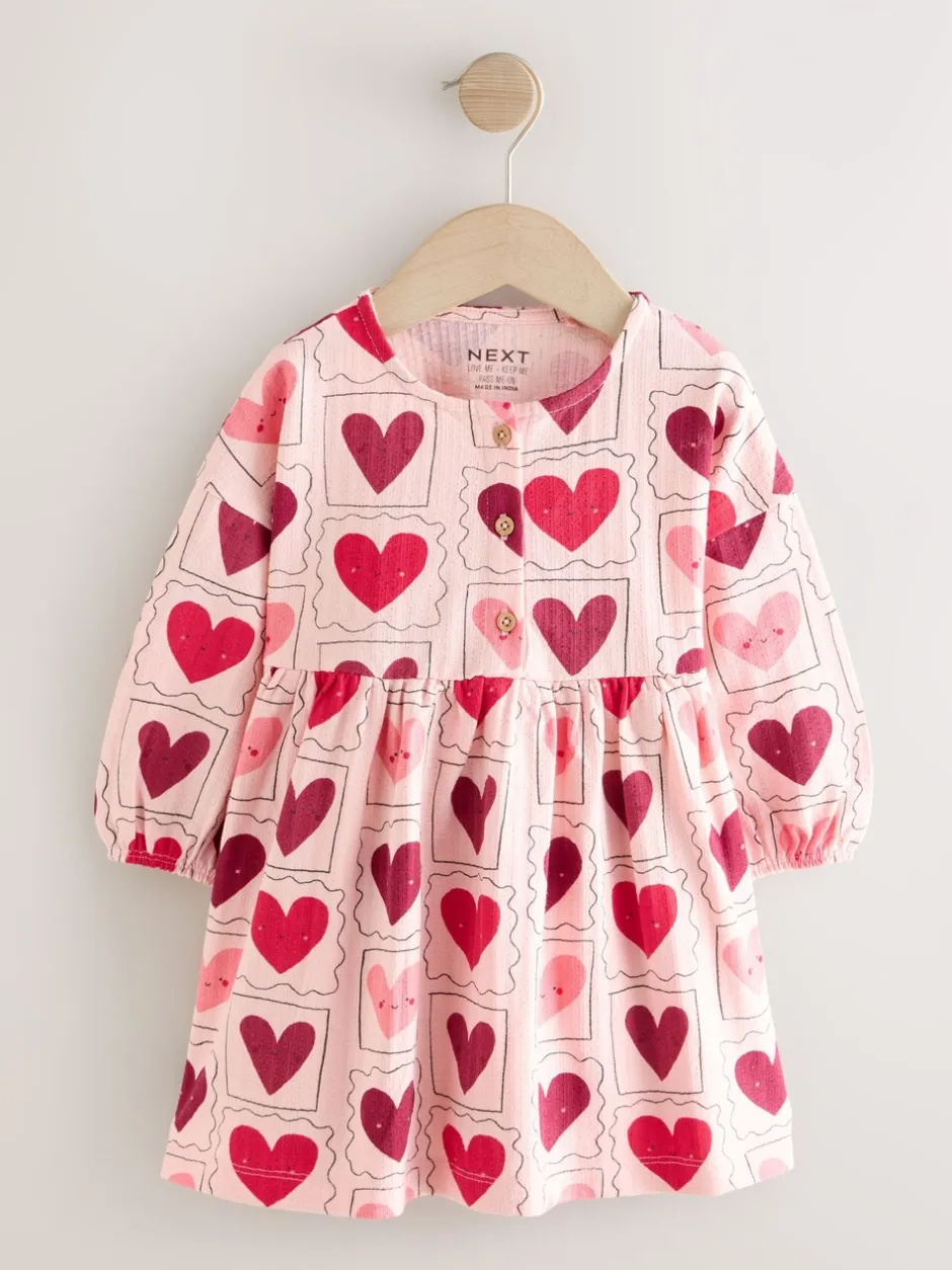 Jurken|Gelegenheidskleding|Next - Jersey jurk met lange mouwen (3 mnd-7 jr) Roze met hartjes