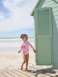 Badkleding|Badkleding*Next - Long Sleeve Sunsafe Swim Set (3mths-7yrs) Roze met hartjesprint