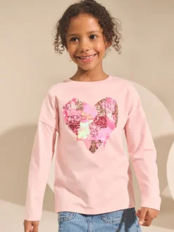Tops|T-Shirts|Next - Top met lange mouwen en pailletten (3-16jr) Roze met hartjesprint