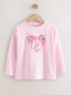 Tops|T-Shirts|Next - Top met lange mouwen en pailletten (3-16jr) Roze met hartjesprint