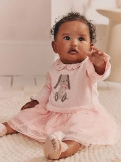 Gelegenheidskleding|Jurken*Next Roze met konijnen - Gebreide tweedelige babyjurk (0mnd-2jr)