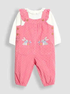 Jumpsuits En Playsuits|Jojo Maman Bébé - - Set van corduroy tuinbroek met applicatie en top Roze met konijnen