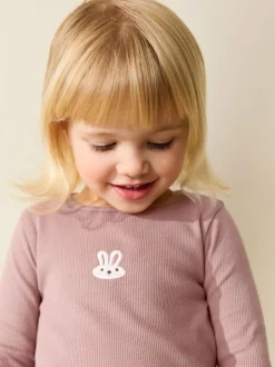 Tops|T-Shirts*Next - Long sleeve Embroidered Ribbed Top (3mths-7yrs) Roze met konijnen