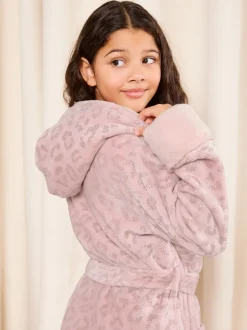 Kamerjassen|Lipsy - zacht aanvoelende badjas met folieprint en capuchon (5-16jr) Roze met luipaardprint