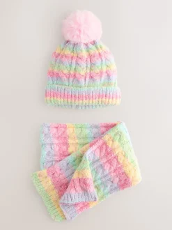 Mutsen, Handschoenen En Sjaals*Next - Set van beanie en snood (1-13jr) Roze met regenboogprint