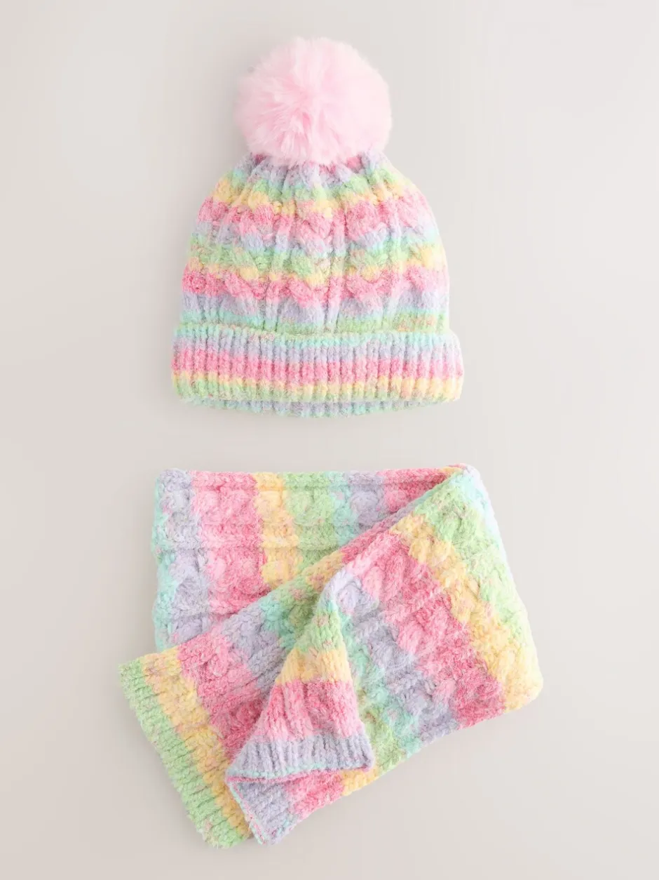 Mutsen, Handschoenen En Sjaals*Next - Set van beanie en snood (1-13jr) Roze met regenboogprint