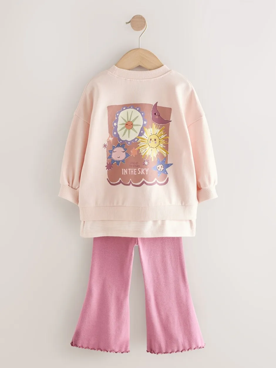 Tops|Tops|Next - Set met top met lange mouwen en uitlopende broek (3mnd -7jr) Roze met sterren