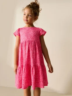 Jurken|Next - Angel Sleeve Crinkle Dress (3-16yrs) Roze met vrolijke print