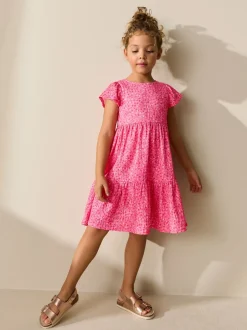 Jurken|Next - Angel Sleeve Crinkle Dress (3-16yrs) Roze met vrolijke print