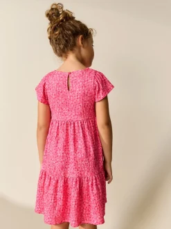 Jurken|Next - Angel Sleeve Crinkle Dress (3-16yrs) Roze met vrolijke print