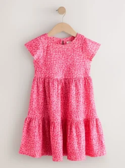 Jurken|Next - Angel Sleeve Crinkle Dress (3-16yrs) Roze met vrolijke print